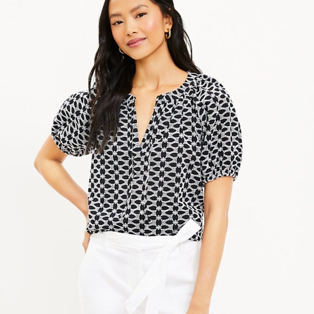 LOFT Black & white Embroidered Top - size LP - NWT